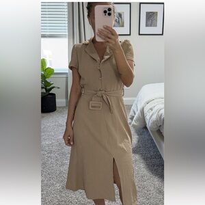 Beige Short-Sleeve Belted Midi Dress
